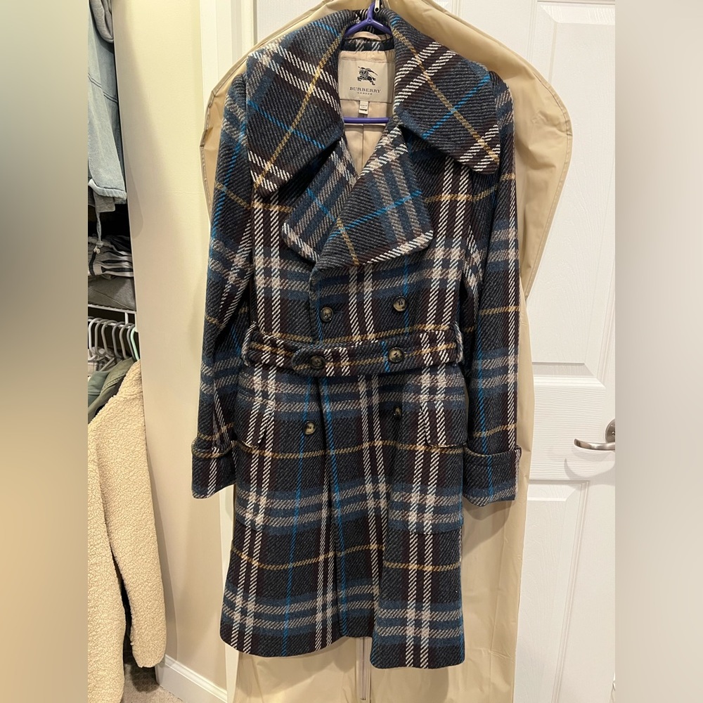 Burberry wool winter plaid pea coat
